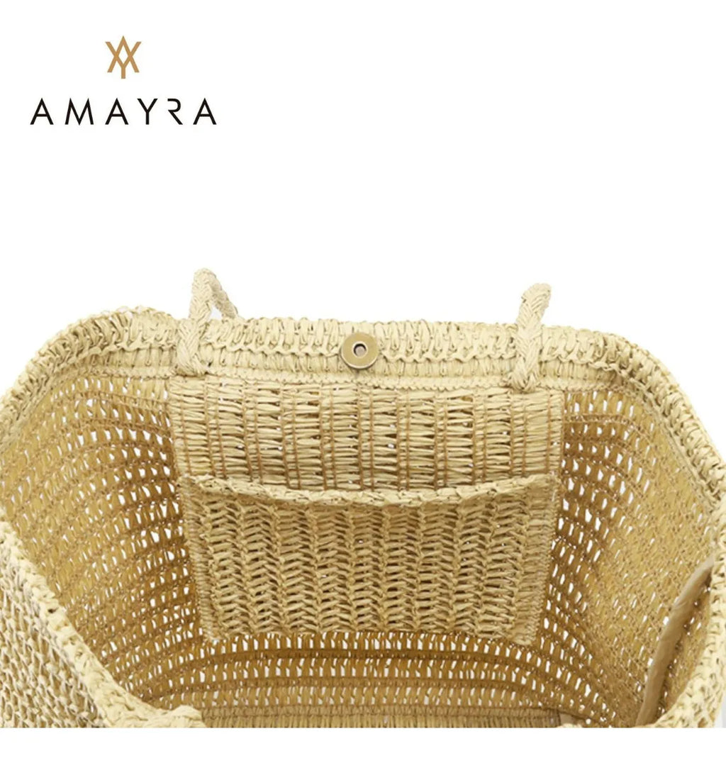 Cartera Mujer Bolso Playero Rafia Amayra Espacioso Verano Beige