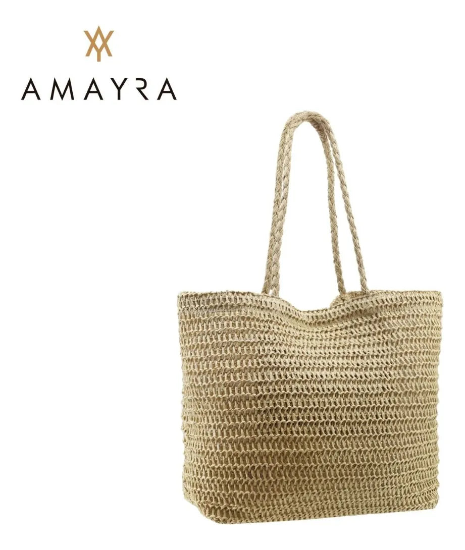 Cartera Mujer Bolso Playero Rafia Amayra Espacioso Verano Beige