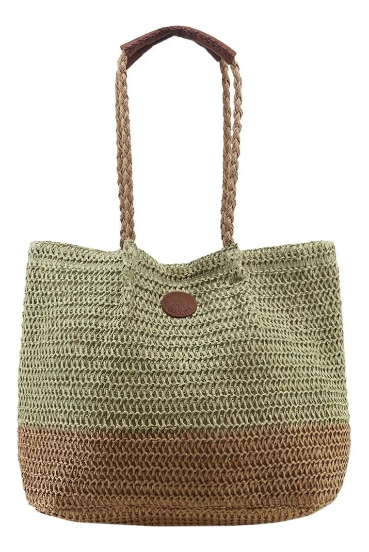 Cartera Mujer Bolso Playero De Rafia Amayra Combinados Moda Verde Claro Con MarrÃ³n