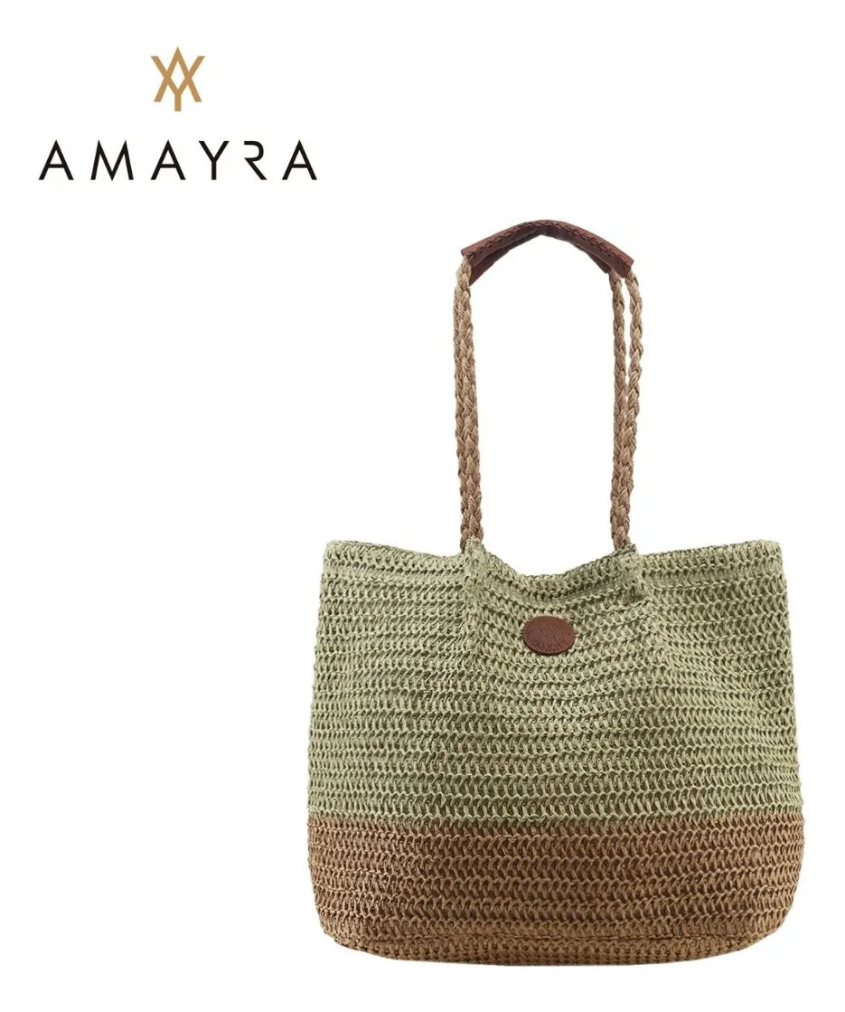 Cartera Mujer Bolso Playero De Rafia Amayra Combinados Moda Verde Claro Con MarrÃ³n