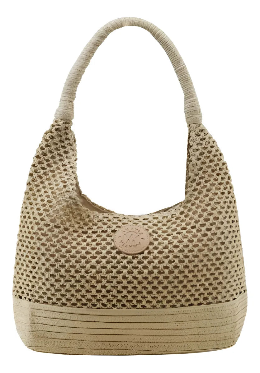Cartera amayra en rafia y tela color beige. Superventas.com.ar