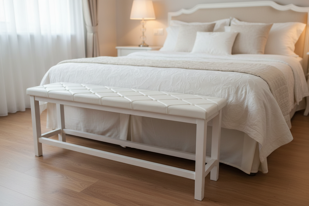 Banco blanco en primer plano al pie de cama de lujo