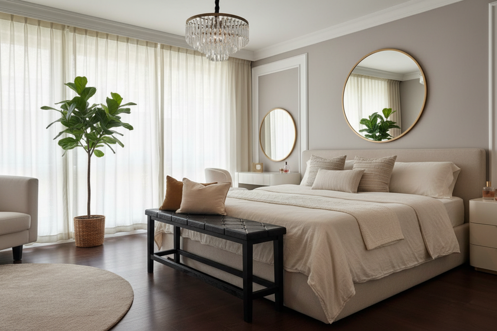 Banco capitoné negro en dormitorio de lujo