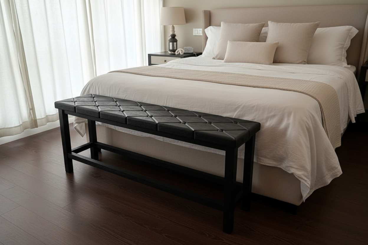 Banco con tapizado romboidal al pie de la cama