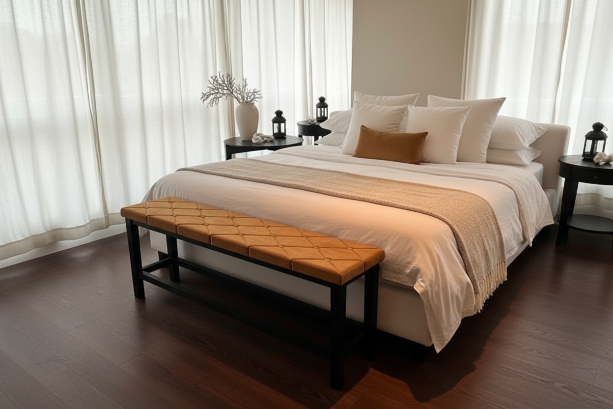 Banco tapizado camel al pie de cama elegante