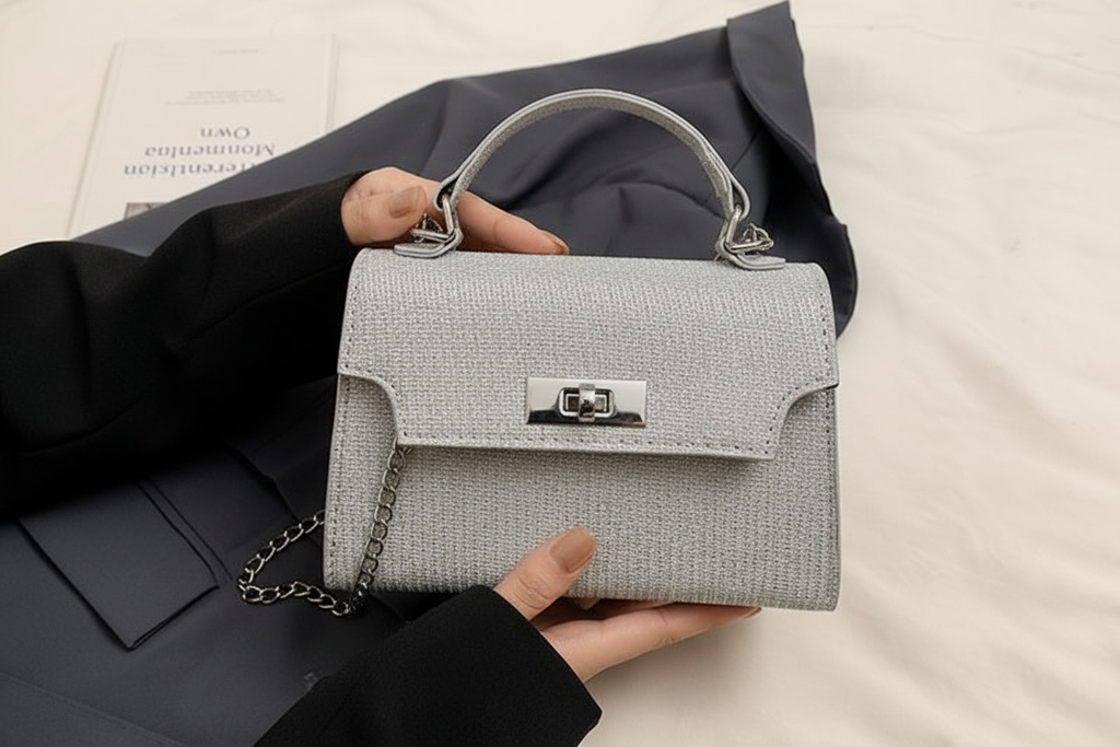 Detalle de clutch plateado brillante en manos