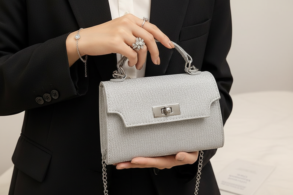 Manos de modelo morocha con clutch plateado