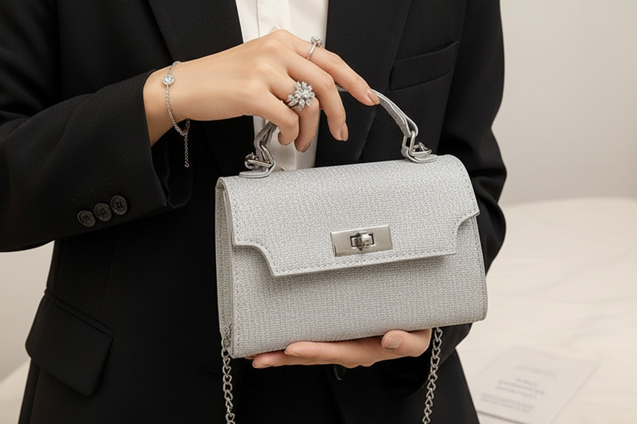 Manos de modelo morocha con clutch plateado