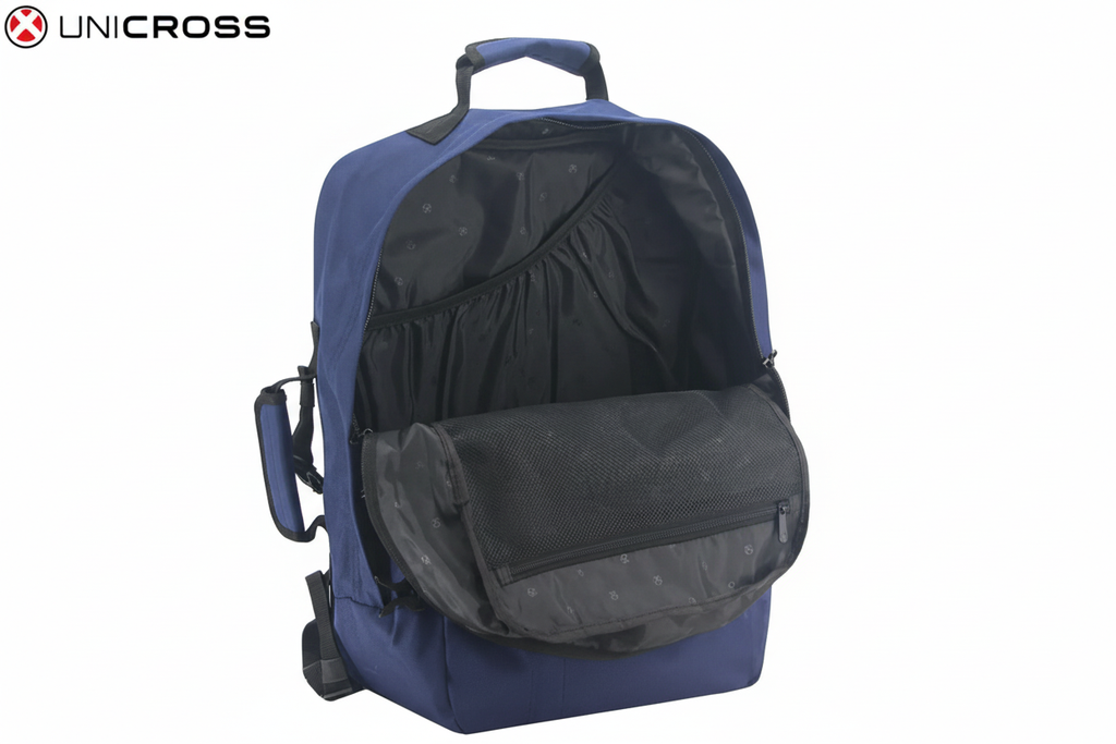 Mochila Unicross abierta con azul vibrante