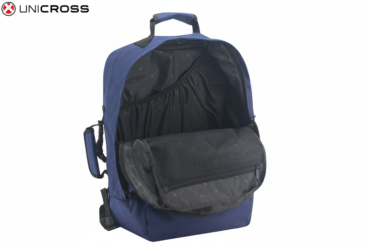 Mochila Unicross abierta con azul vibrante
