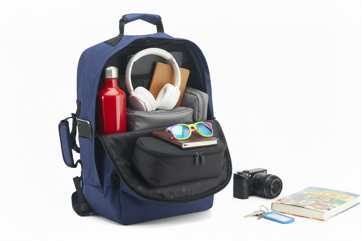 Mochila Unicross con artículos de viaje coloridos