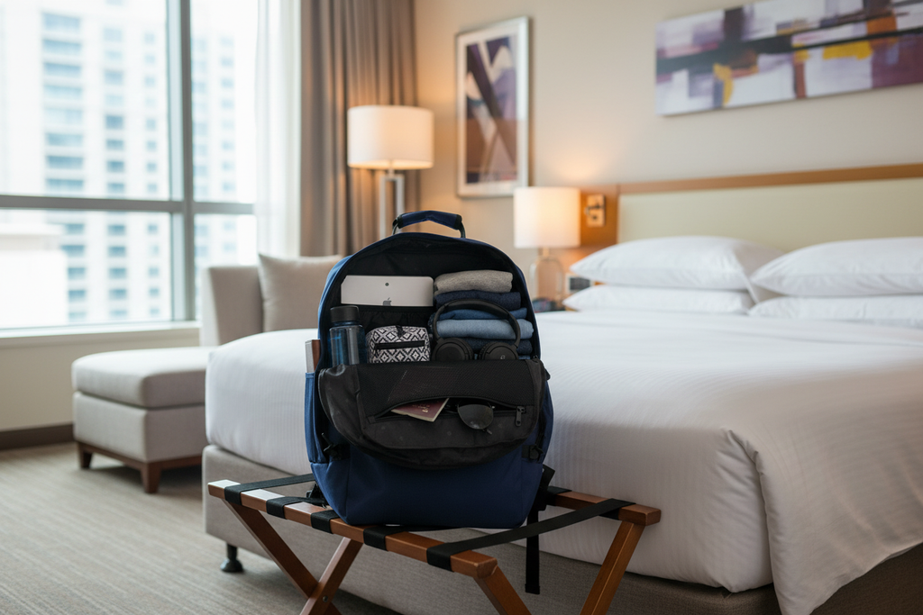 Mochila Unicross en habitación de hotel con artículos