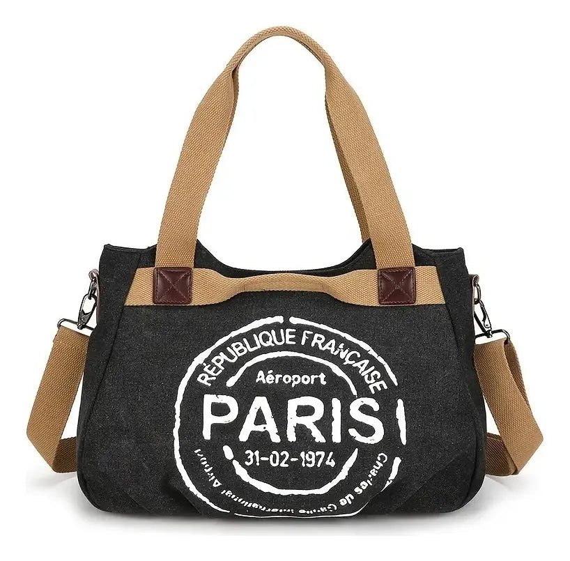 Cartera Mujer Bolso Tote Paris  Tela Diseño Estampa Universitario Negro