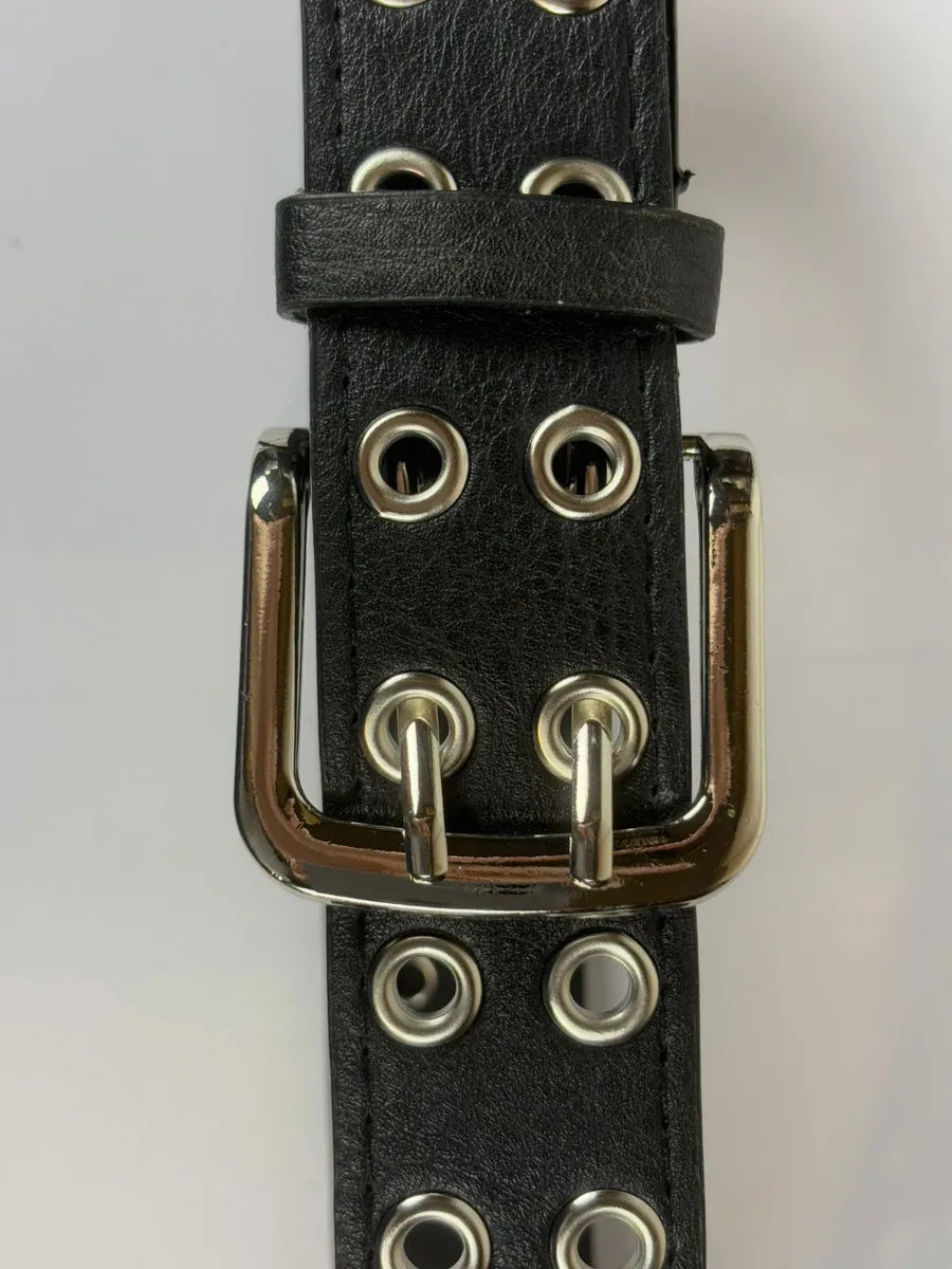 Cinto Cinturon Selena Doble Fila De Ojales Hebilla Cromada Negro Talle Unico 113 Cm Total