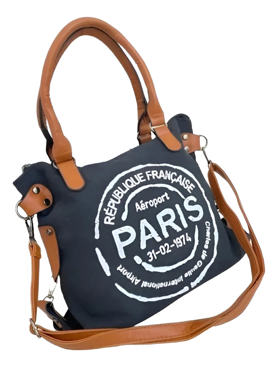 Cartera Mujer Bolso Tote Paris Diseño Estampa Universitario Color Negro