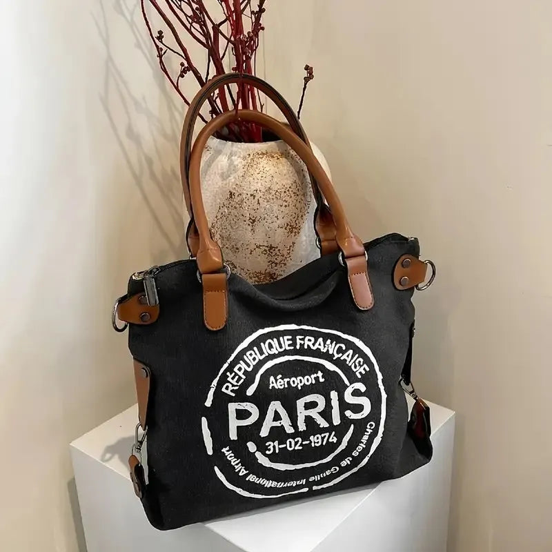 Cartera Mujer Bolso Tote Paris Diseño Estampa Universitario Color Negro