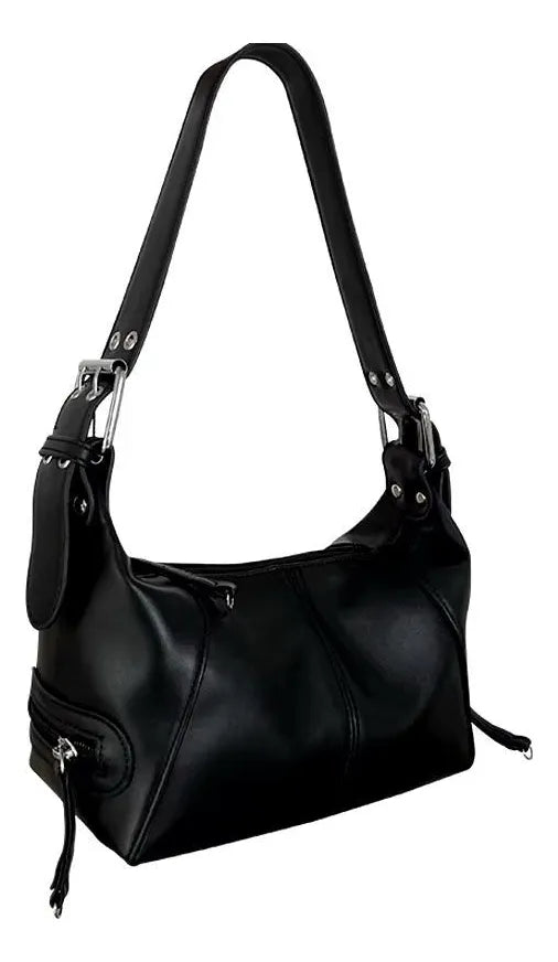 Cartera Mujer Mini Bag Correa Hebillas Plateadas Noche Negro