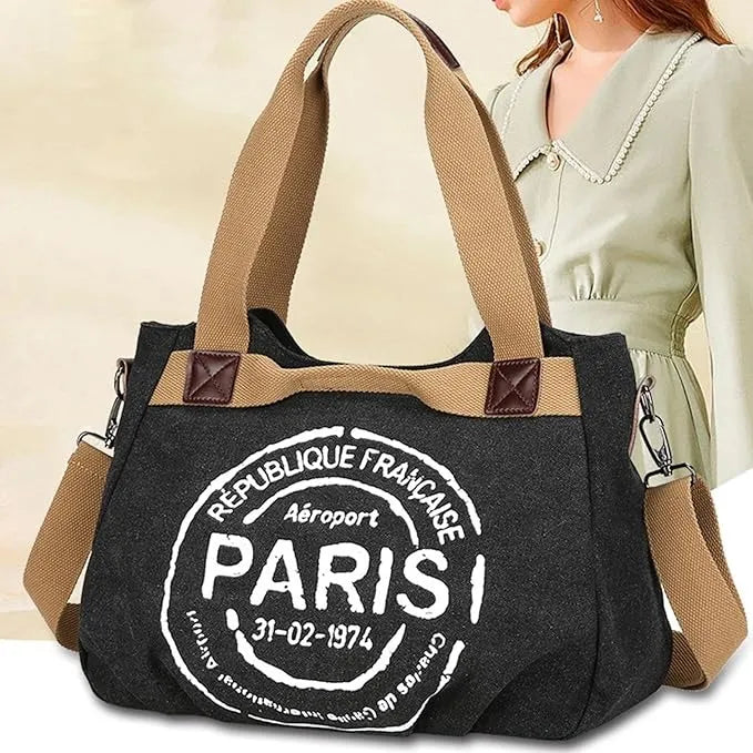 Cartera Mujer Bolso Tote Paris  Tela Diseño Estampa Universitario Negro