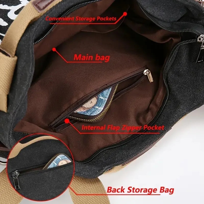 Cartera Mujer Bolso Tote Paris  Tela Diseño Estampa Universitario Negro