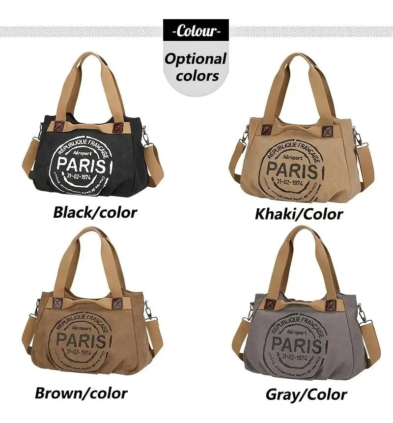 Cartera Mujer Bolso Tote Paris  Tela Diseño Estampa Universitario Negro