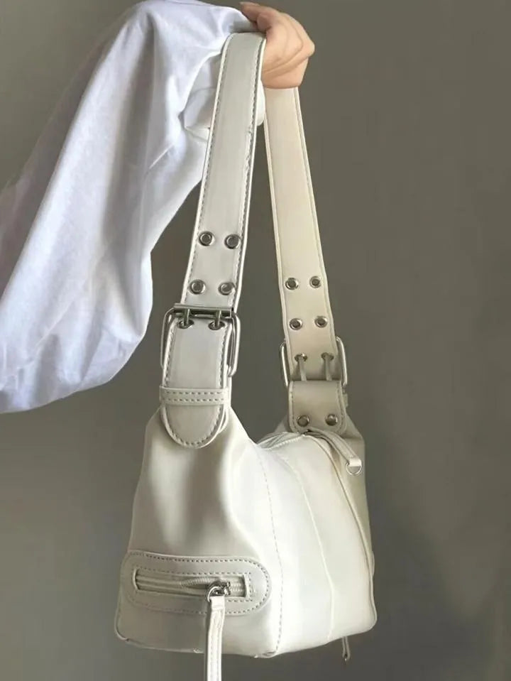 Cartera Mujer Mini Bag Correa Hebillas Plateadas Noche Blanco